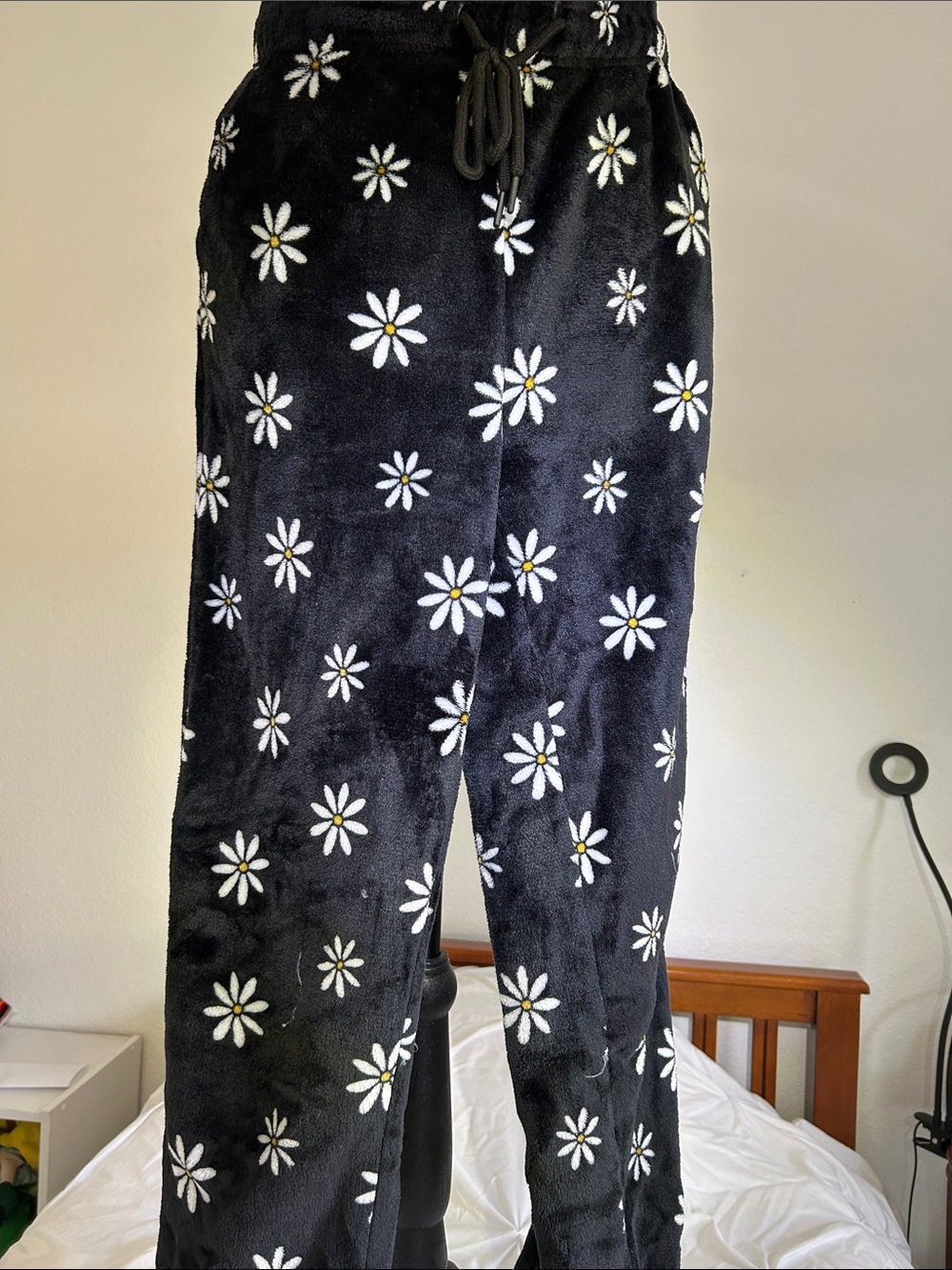 Kids' Black Daisy Plush Joggers with Drawstring Waist